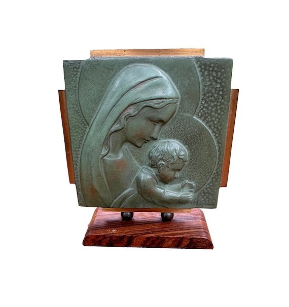 フランス　アンティーク　フレーム　ブロンズ製　聖母マリア　幼子イエス　キリスト フランスアンティークフレームブロンズ製聖母マリア幼子イエス