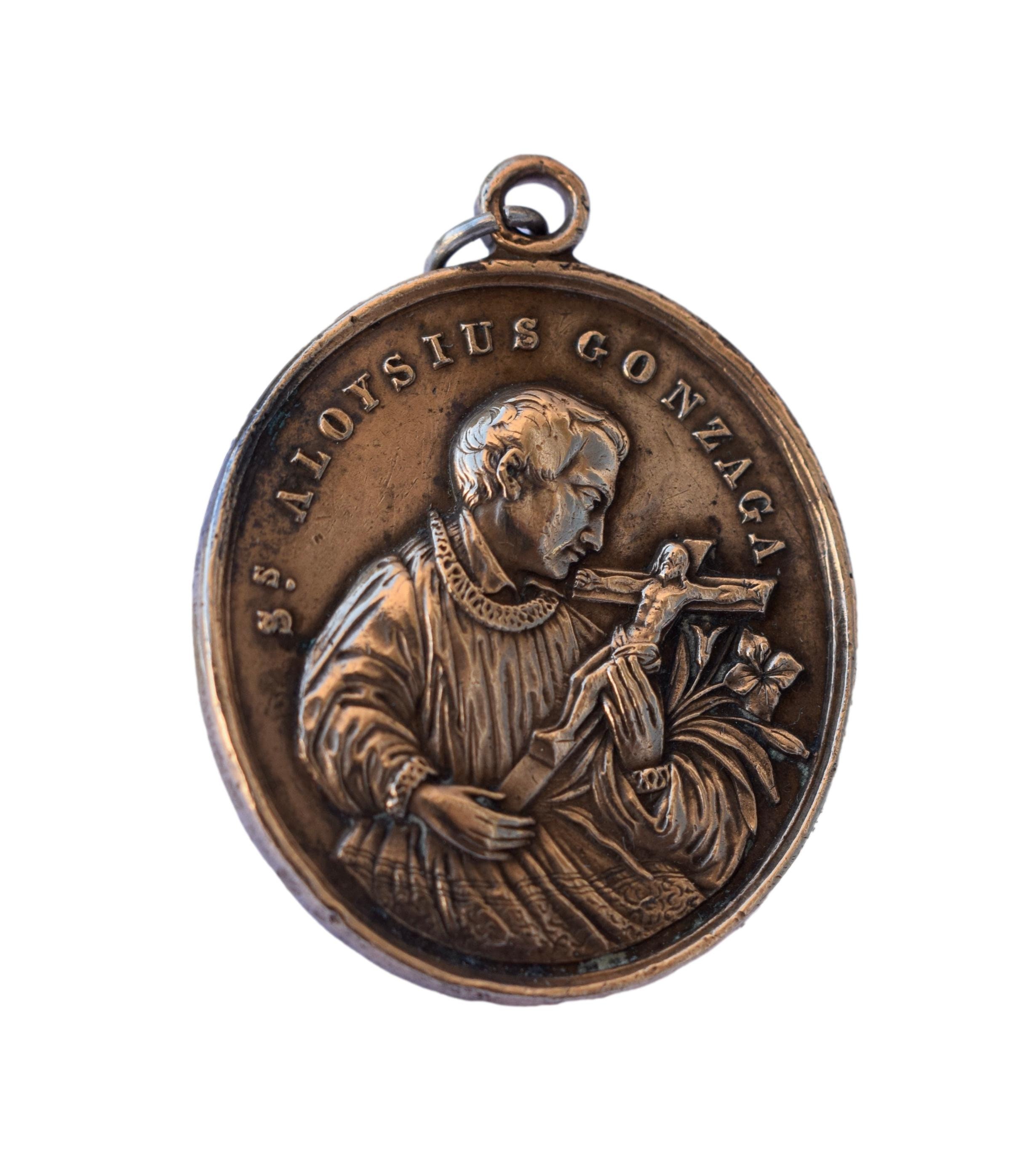 Rare! Antique bronze German religious medallion of St. Aloysius