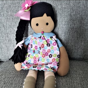 Handmade cloth doll  22&quot;, light brown skin, black hair with braid