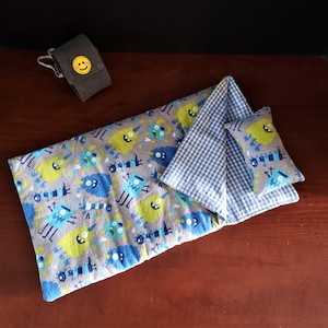 18&quot; Doll Sleeping Bag Set: Monster Print, Pillow & Carrier