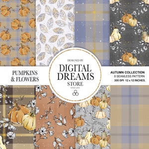 Autumn Pumpkin, Plaid, fall digital paper, Leaves,Pumpkin and flowers, Seamless Patterns, Flannel checks, log cabin, Scottish textile, Cozy.