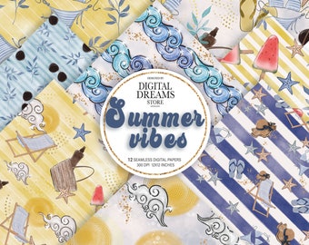 Papel digital de vacaciones de verano, Papel digital de verano, patrón sin costuras, Acuarela, Playa, vacaciones, bikini, sombrero, Azul, diseño de tela
