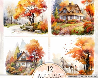 Clip Art de otoño, conjunto de pegatinas del planificador, portada del planificador de otoño de acuarela, clip art de organge, cabañas, publicación de Instagram de otoño, redes sociales