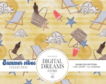 Seamless summer pattern - Watercolor Scrapbook Papers - Seamless Patterns - Digital Background - Printable Paper Set - Summer pattern