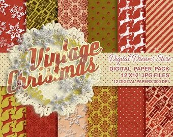 Christmas Digital paper: "VINTAGE CHRISTMAS" Christmas Digital backgrounds, snowflakes papers, red and green background and vintage pattern