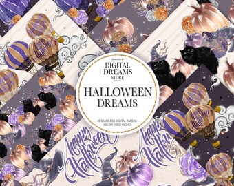 Papel digital de Halloween, adesivos extravagantes de planejador de animais, design de padrão de superfície de tecidos personalizados com flores brilhantes.