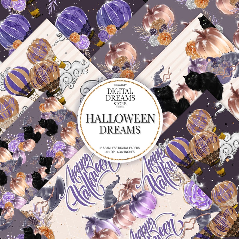 Halloween Digital Paper, Whimsical Animal Planner Stickers, Glitter Flowers Custom Fabrics Surface Pattern Design. image 1