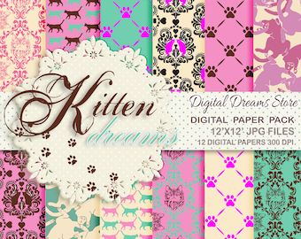 Cat Digital paper: "KITTEN DREAMS" with cats background - pink texture - damask textures - paw footprints patterns