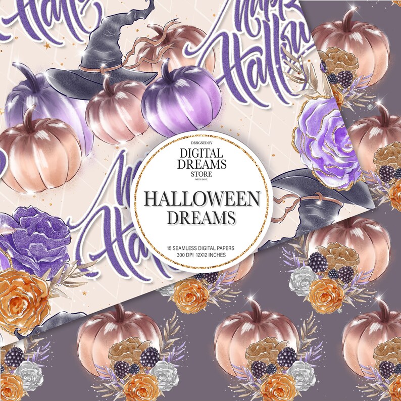 Halloween Digital Paper, Whimsical Animal Planner Stickers, Glitter Flowers Custom Fabrics Surface Pattern Design. image 3
