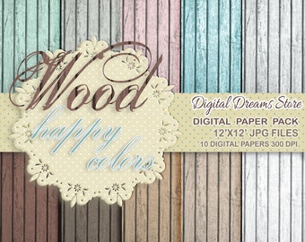 Wood Digital paper: "WOOD HAPPY COLORS" with wood background - colorful wood texture - wood scrapbooking