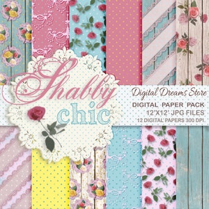 Shabby style Digital paper: "SHABBY CHIC DREAMS" with white wood background - shabby textures - rose background - shabby flowers