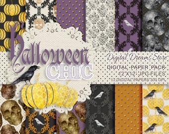 Papel digital de Halloween: "HALLOWEEN CHIC" Fundos digitais de Halloween, papéis de Halloween, caveira de Halloween e papel padrão de Halloween