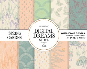 Papel digital floral de primavera - Papeles de álbum de recortes de acuarela - Patrones sin costuras - Papel floral sin costuras - Juego de papel imprimible - Patrón floral