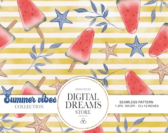 Papel digital Ice Cream, Papel digital de verano, patrón sin costuras, Acuarela, Papel digital de playa, Patrón de moda de verano, diseño de tela