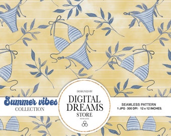 Papel digital Bikini, Papel digital Floral de verano, patrón sin costuras, Acuarela, Papel digital de playa, Patrón de moda de verano, diseño de tela