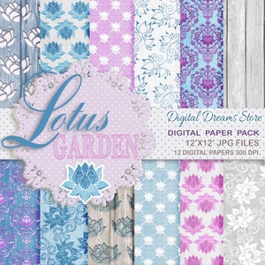 Flower Digital paper: "LOTUS GARDEN DREAMS" with background wood - lotus flower - pink flowers - blue flower - damask textures