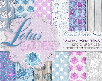 Flower Digital paper: &quot;LOTUS GARDEN DREAMS&quot; with background wood - lotus flower - pink flowers - blue flower - damask textures