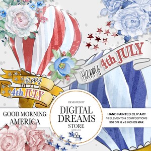 4th of July Clipart, Patriotic Planner Stickers Clip Art, Glitter Whimsical American Girl Print on Demand Illustrations.