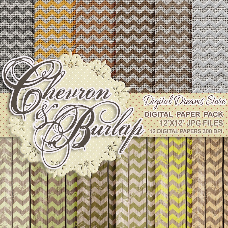 Chevron Digital paper: CHEVRON WOOD and BURLAP chevron paper, digital chevron, digital burlap, wood digital paper, chevron background image 1