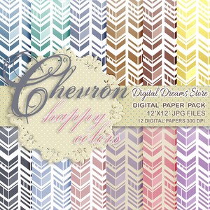 May include: A digital paper pack with 12 chevron patterned designs in various colors. The patterns are 12 inches by 12 inches and 300 DPI. The text on the image reads "Chevron happy colors Digital Dreams Store DIGITAL PAPER PACK 12'X12' JPG FILES 12 DIGITAL PAPERS 300 DPI".