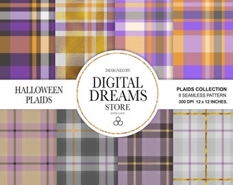 Papel digital Halloween Plaid, púrpura, amarillo, negro, naranja, tartán de halloween, papeles de álbum de recortes, descarga instantánea, patrones de venta.