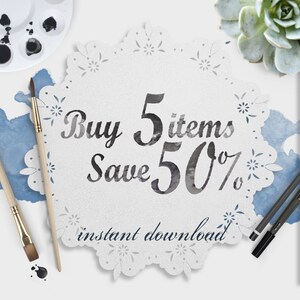 Pode incluir: Um guardanapo de papel branco com um desenho de renda e o texto "Buy 5 items Save 50% instant download" em letras pretas. O guardanapo &eacute; rodeado por pinc&eacute;is, uma paleta de pintura e uma planta suculenta.