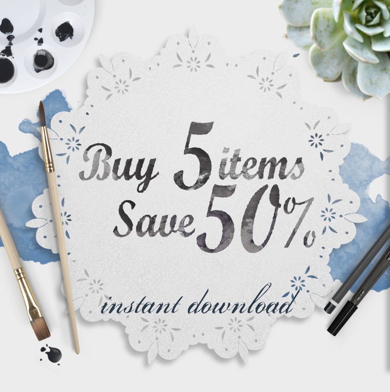 Pode incluir: Um guardanapo de papel branco com um desenho de renda e o texto "Buy 5 items Save 50% instant download" em letras pretas. O guardanapo &eacute; rodeado por pinc&eacute;is, uma paleta de pintura e uma planta suculenta.