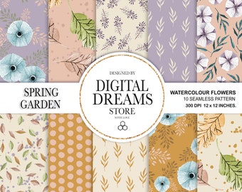 Papel floral sin costuras - Papeles de álbum de recortes de acuarela - Patrones sin costuras - Fondo digital - Juego de papel imprimible - Patrón floral