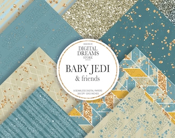 BABY JEDI & FRIENDS Basispapier, Naadloos patroon, Star Wars, Digitaal papier, Mandalorian, Oppervlaktepatronen, Planner-stickers.