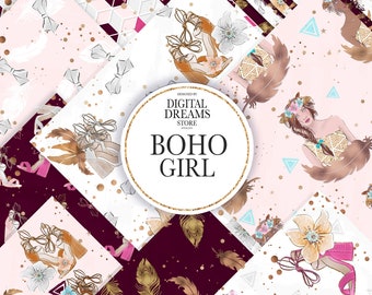 Boho Paper Pack Tribal Digital Boho Chic Wallpaper Native Boho Fashion Illustration Bohemian Girl Indie Hippie Gold Feathers