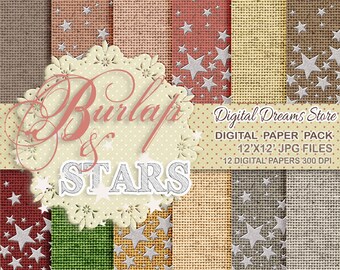 Burlap Digital paper: "BURLAP and SILVER STARS" burlap scrapbook, rustic background, burlap wedding, colorful burlap, linen digital paper