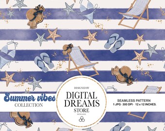 Papel digital de vacaciones de verano, Papel digital de verano, patrón sin costuras, Acuarela, Playa, vacaciones, bikini, sombrero, Azul, diseño de tela