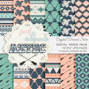 Aztec Digital paper: &quot;PINK &TURQUOISE AZTEC&quot; tribal digital paper, vintage aztec, arrows paper, aztec background