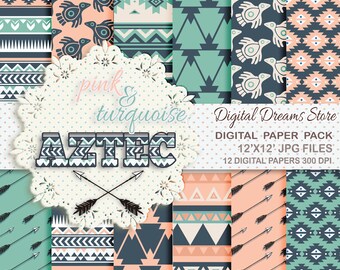Aztec Digital paper: &quot;PINK &TURQUOISE AZTEC&quot; tribal digital paper, vintage aztec, arrows paper, aztec background