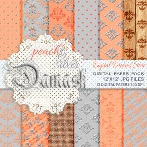 Damask Digital paper: &quot;PEACH and SILVER DAMASK&quot; damask scrapbooking paper, damask pattern, wedding damask, digital backgrpund