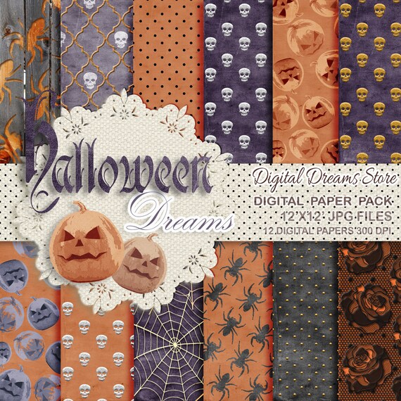 Halloween Digital paper: "HALLOWEEN DREAMS" Halloween Digital backgrounds, Halloween papers, Halloween decor and Halloween pattern Paper