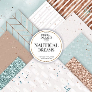 May include: A set of 10 digital paper designs featuring nautical themes. The papers include various patterns, such as stripes, polka dots, and geometric shapes. The colors are a mix of light blue, white, and gold. The papers are 12x12 inches and 300 DPI.