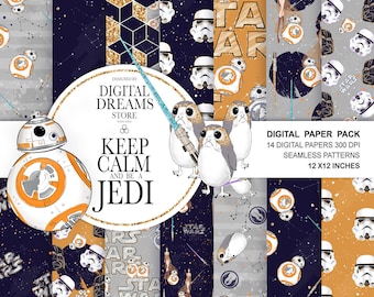 Papel de Star Wars: patrones de papel digital "STAR WARS", papel para scrapbooking, Star Wars instantáneo, patrón sin costuras, Darth Vader, Yoda, Jedi