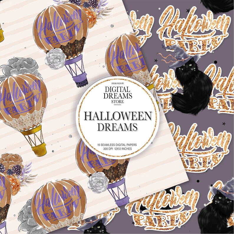 Halloween Digital Paper, Whimsical Animal Planner Stickers, Glitter Flowers Custom Fabrics Surface Pattern Design. image 6