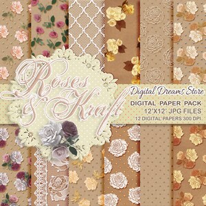 Roses Papier numérique: "ROSES et KRAFT" kraft papier numérique, album kraft, papier de mariage, texture blanche et brune, papier kraft
