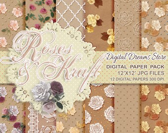 Roses Carta digitale: carta digitale kraft "ROSES e KRAFT", scrapbook kraft, carta da sposa, texture bianca e marrone, kraft di carta