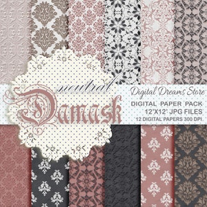 Damask Digital paper: &quot;NEUTRAL DAMASK&quot; with damask background, damask scrapbook, pink damask, background in beige