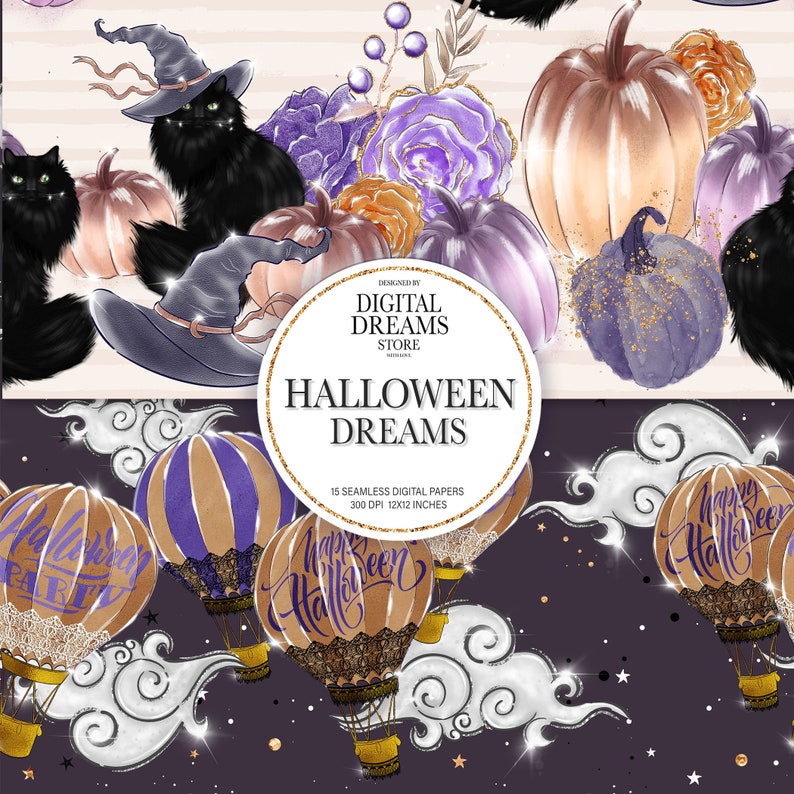 Halloween Digital Paper, Whimsical Animal Planner Stickers, Glitter Flowers Custom Fabrics Surface Pattern Design. image 4