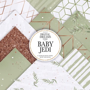 以下が含まれることがあります： 緑と金のカラーテーマの12枚のデジタルペーパーのセット。ペーパーには、幾何学模様、グリッター、水彩の葉が含まれています。ペーパーは12x12インチ、300 DPIです。