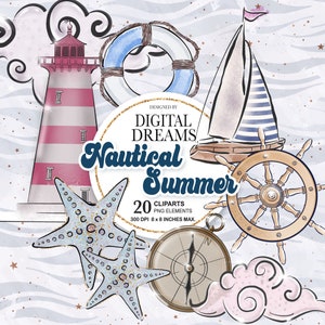 Nautical Summer Cliparts, Chic Sea,Underwater Ocean,Sailor Sailboat Stripes, Lighthouse, Anchor,Planner stickers.