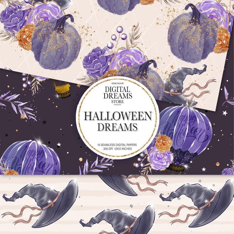 Halloween Digital Paper, Whimsical Animal Planner Stickers, Glitter Flowers Custom Fabrics Surface Pattern Design. image 5