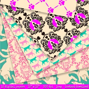 May include: Twelve digital papers featuring a repeating pattern of pink and black damask designs with paw prints and silhouettes of cats in various colors. The papers are 12 inches by 12 inches and 300 dpi.