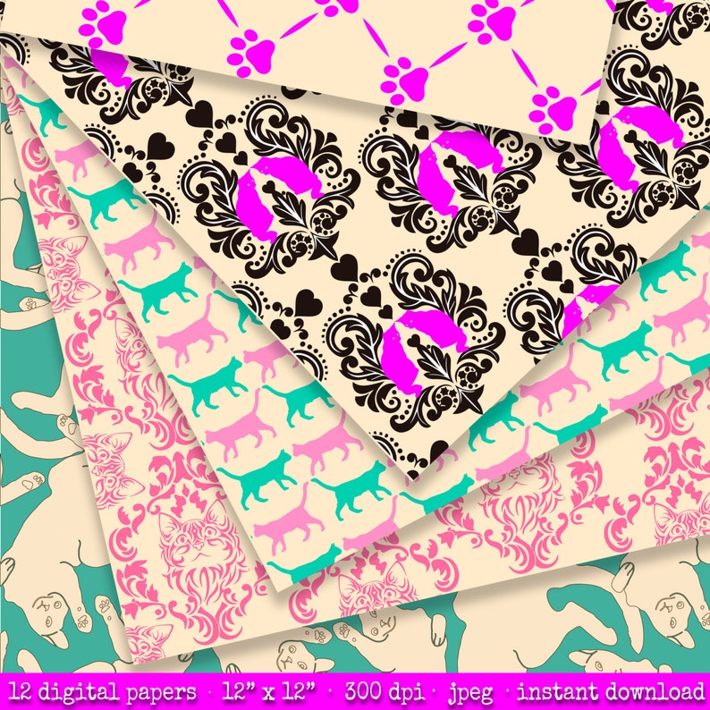 May include: Twelve digital papers featuring a repeating pattern of pink and black damask designs with paw prints and silhouettes of cats in various colors. The papers are 12 inches by 12 inches and 300 dpi.