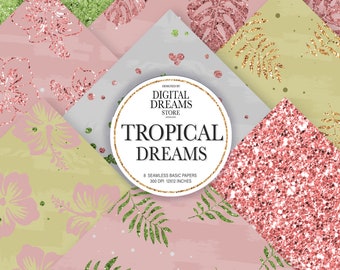 Tropical Summer Paper Pack, Tropical Basic Paper Backgrounds, Seamless pattern Vacation Planner Stickers, Palms Fabric Fashion Wallpaper
