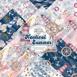 Nautical Summer Digital Paper, Chic Sea,Underwater Ocean,Sailor Sailboat Stripes, Lighthouse, Anchor,Seamless Surface Patterns,Fabric design